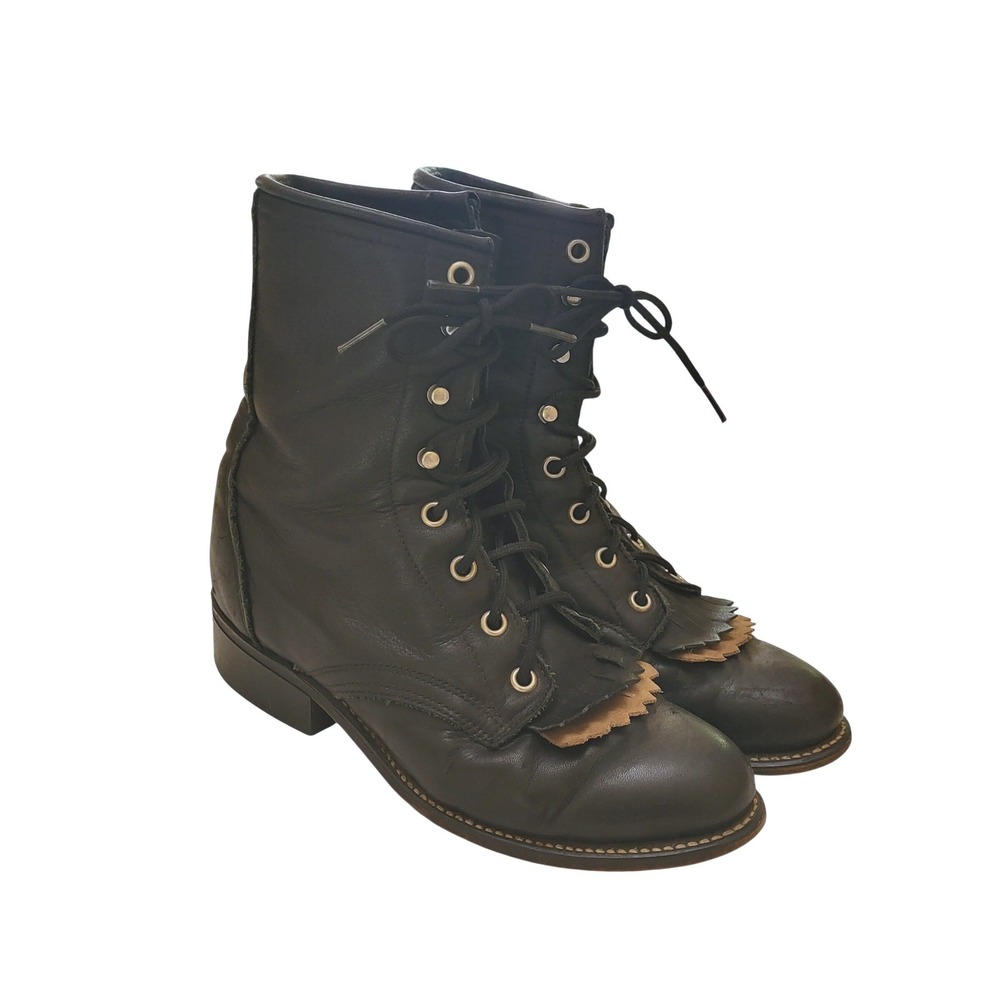 VTG Laredo Kiltie Black Western Cowboy Riding Lace Up Grannie 90s Roper Boot 6
